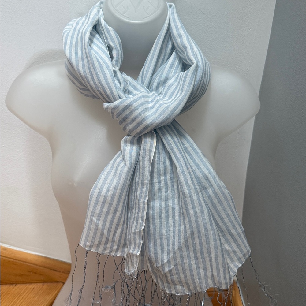 NWOT Grayish Blue and White Striped Fringed Batiste Scarf, Wrap, Shawl. Elegant